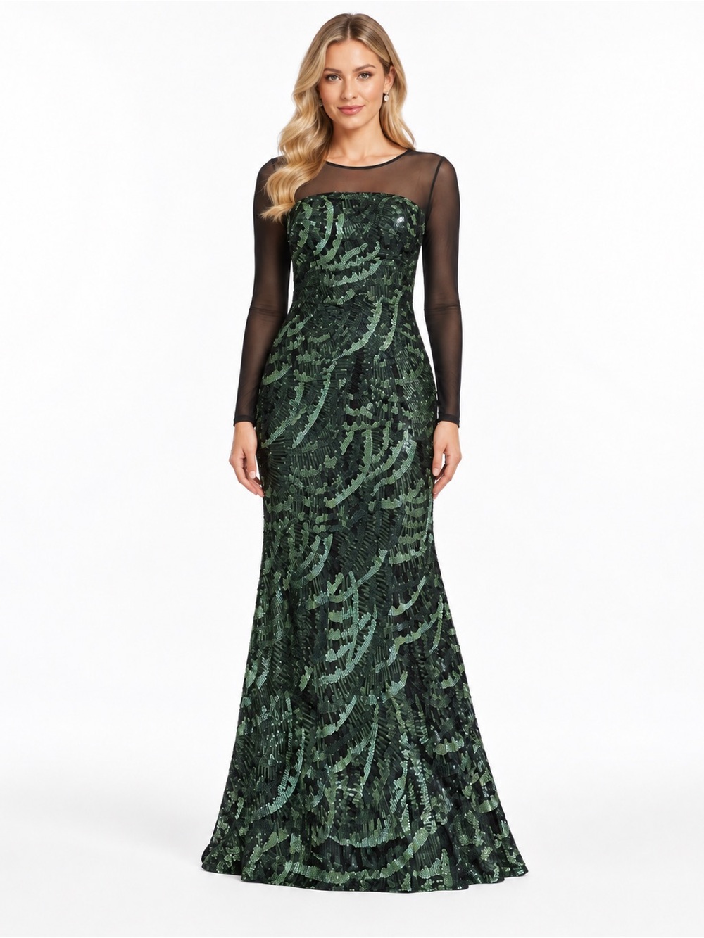 Mac Duggal Emerald Green Black Sequin Mesh Long Sleeve Gown $698 fits 8/10